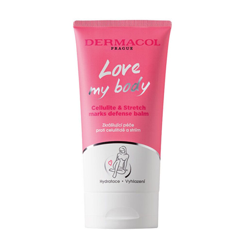 Roze tube met witte bodem. Opschrift: Dermacol Prague, Love my body, Cellulite & Stretch marks defense balm. Illustratie van een vrouw.