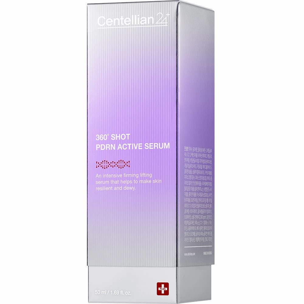 Productverpakking. Opschrift: CENTELLIAN24, 360° SHOT PDRN ACTIVE SERUM. Rood kruis logo.