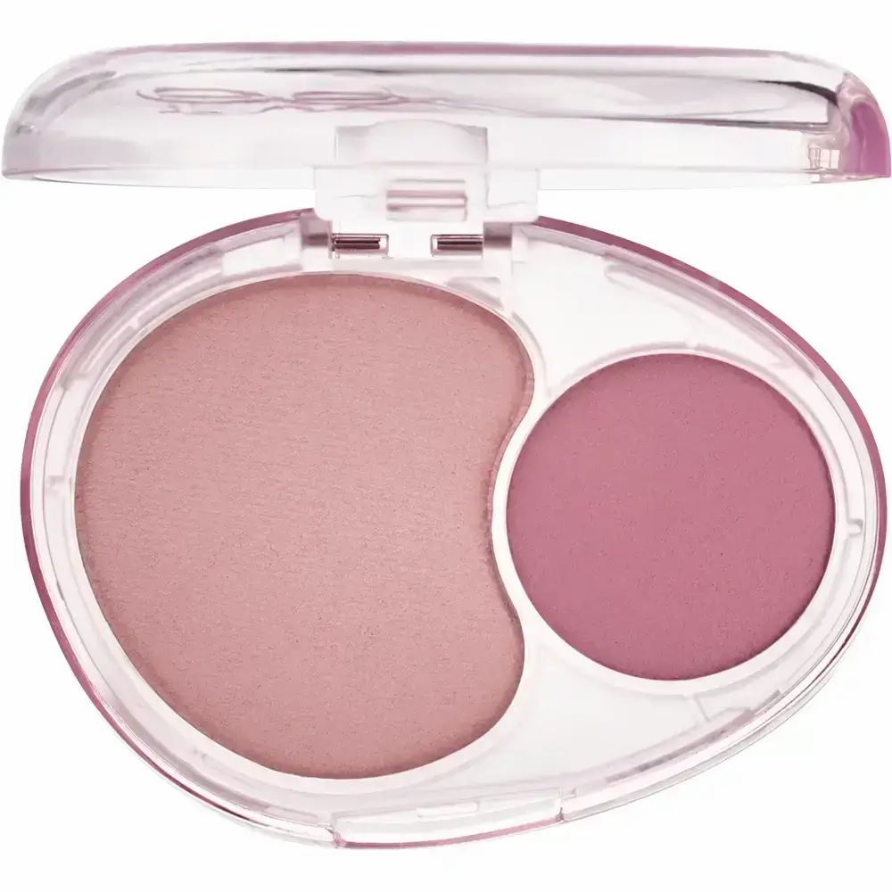 Tweekleurige blush, ovaal, met roze en donkerroze tinten. Transparante, scharnierende behuizing.