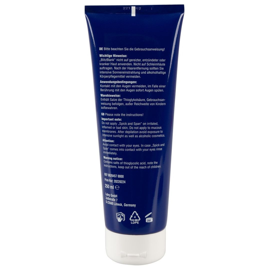 Achterkant van een blauwe tube met gebruiksinstructies en ingrediënten voor BlitzBlank.