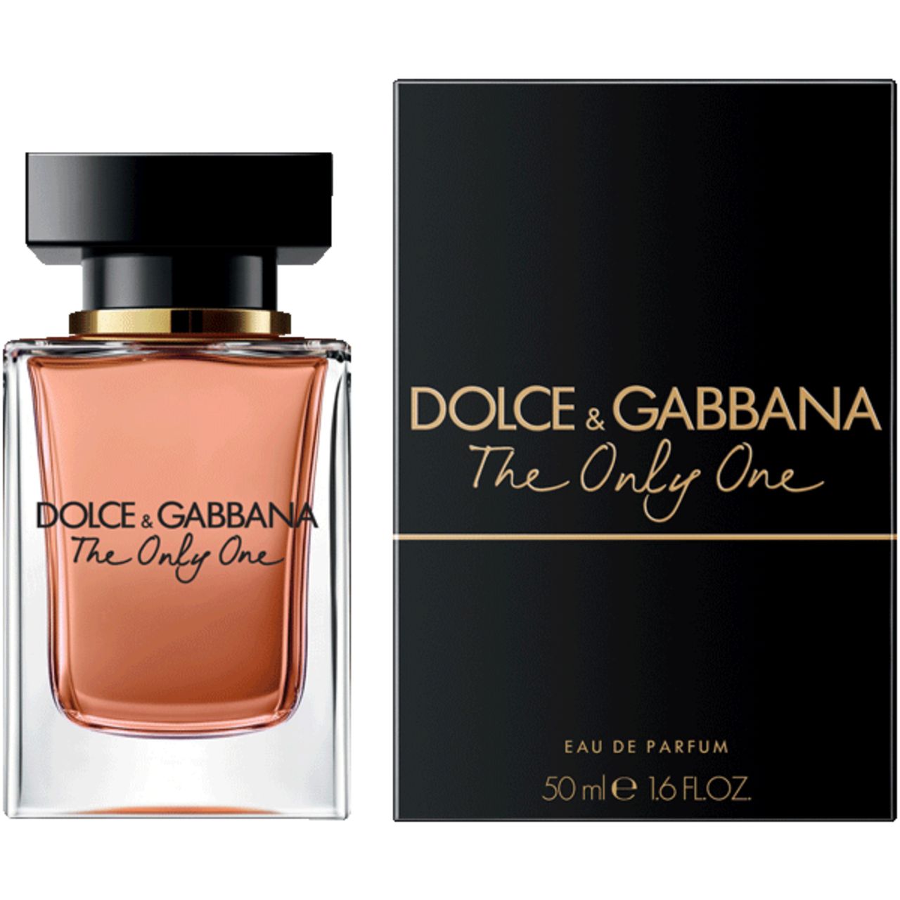 Parfumfles en verpakking. Vierkante fles, roze vloeistof, zwarte dop. Zwarte verpakking met witte tekst: Dolce & Gabbana, The Only One.