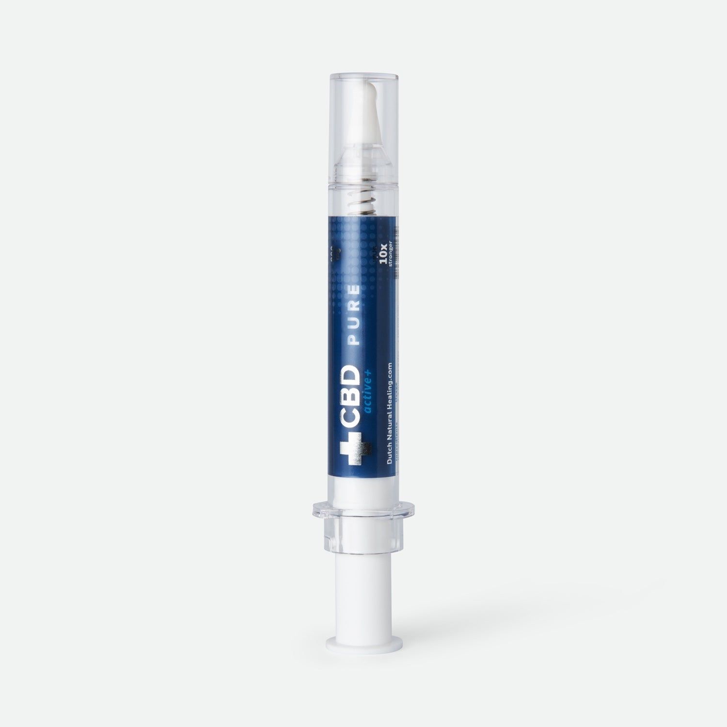 Seringue avec étiquette bleu et blanc. Inscription: CBDactive+ Pure, 8%. Récipient transparent avec pompe doseuse.