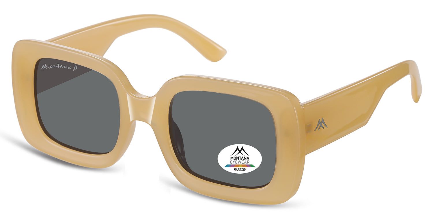 Lunettes de soleil beiges, verres carrés, logo Montana Eyewear. Autocollant Polarized. Branches latérales.