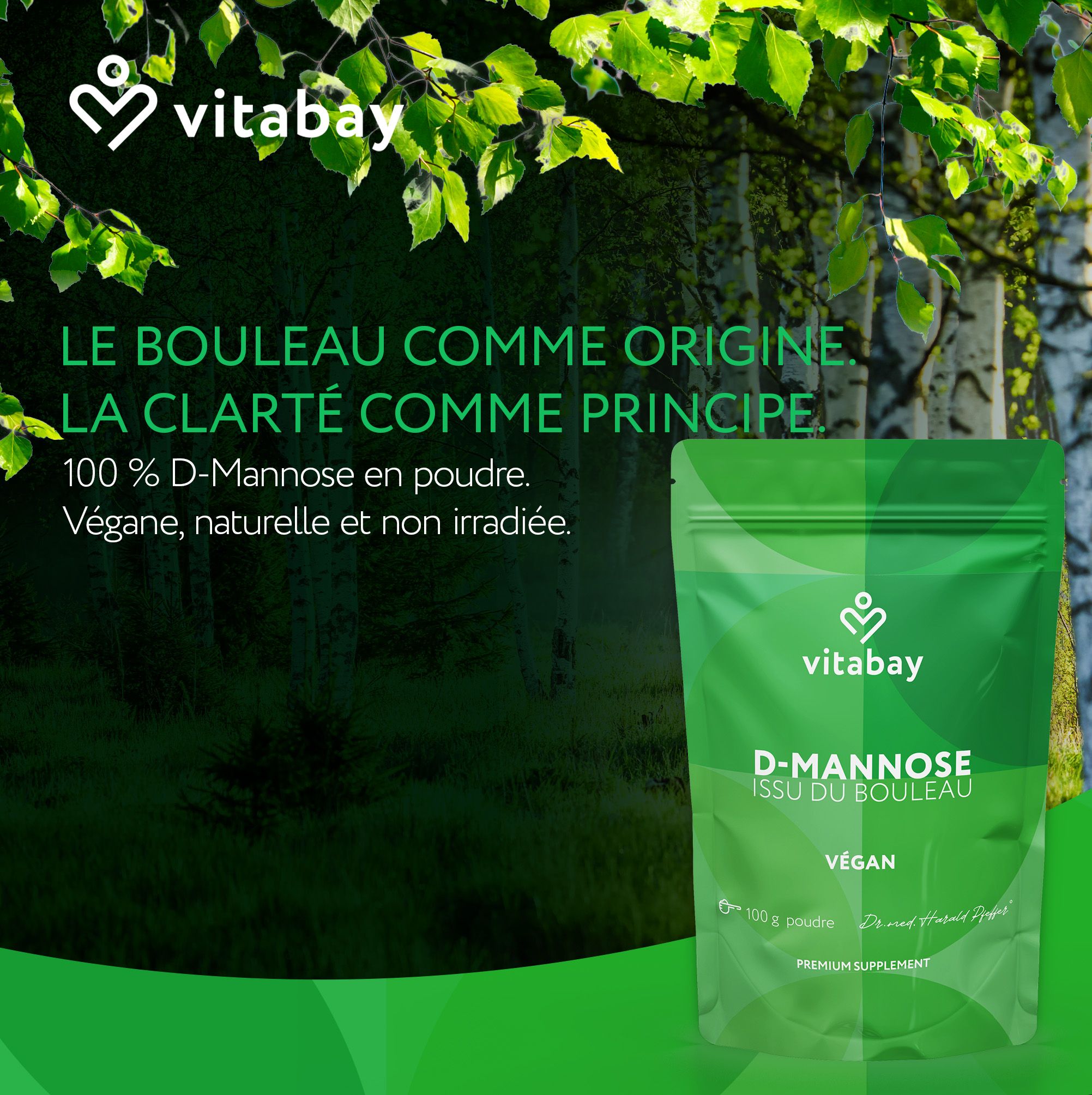 Fondateur de Vitabay, Dr. med. Harald Pfeffer, avec des flacons. "Recherche active", "Valeurs familiales".