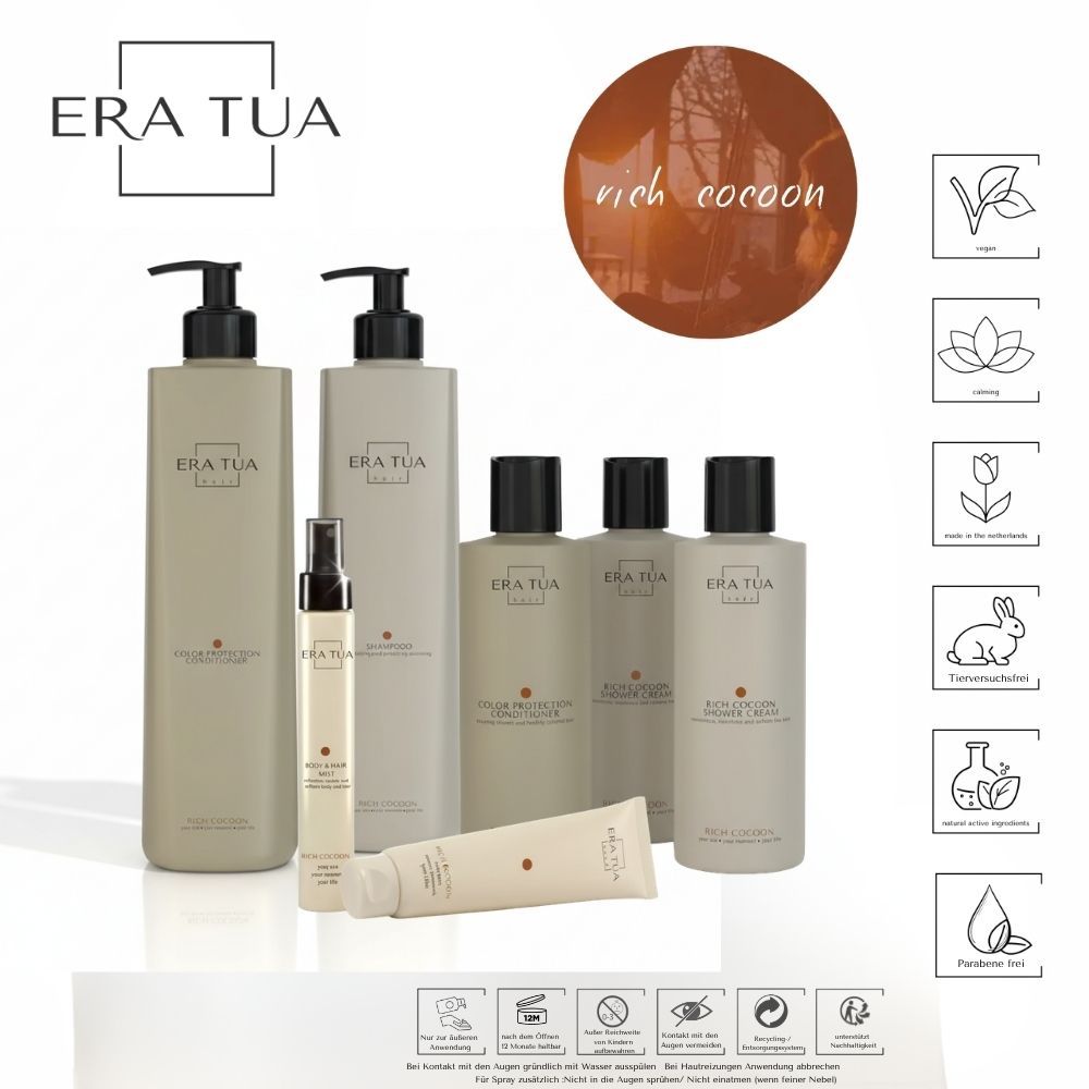 Plusieurs flacons et tubes. Texte: Era Tua, Rich Cocoon. Logos: vegan, etc. Cercle marron avec texte: rich cocoon. Différentes tailles et formes.