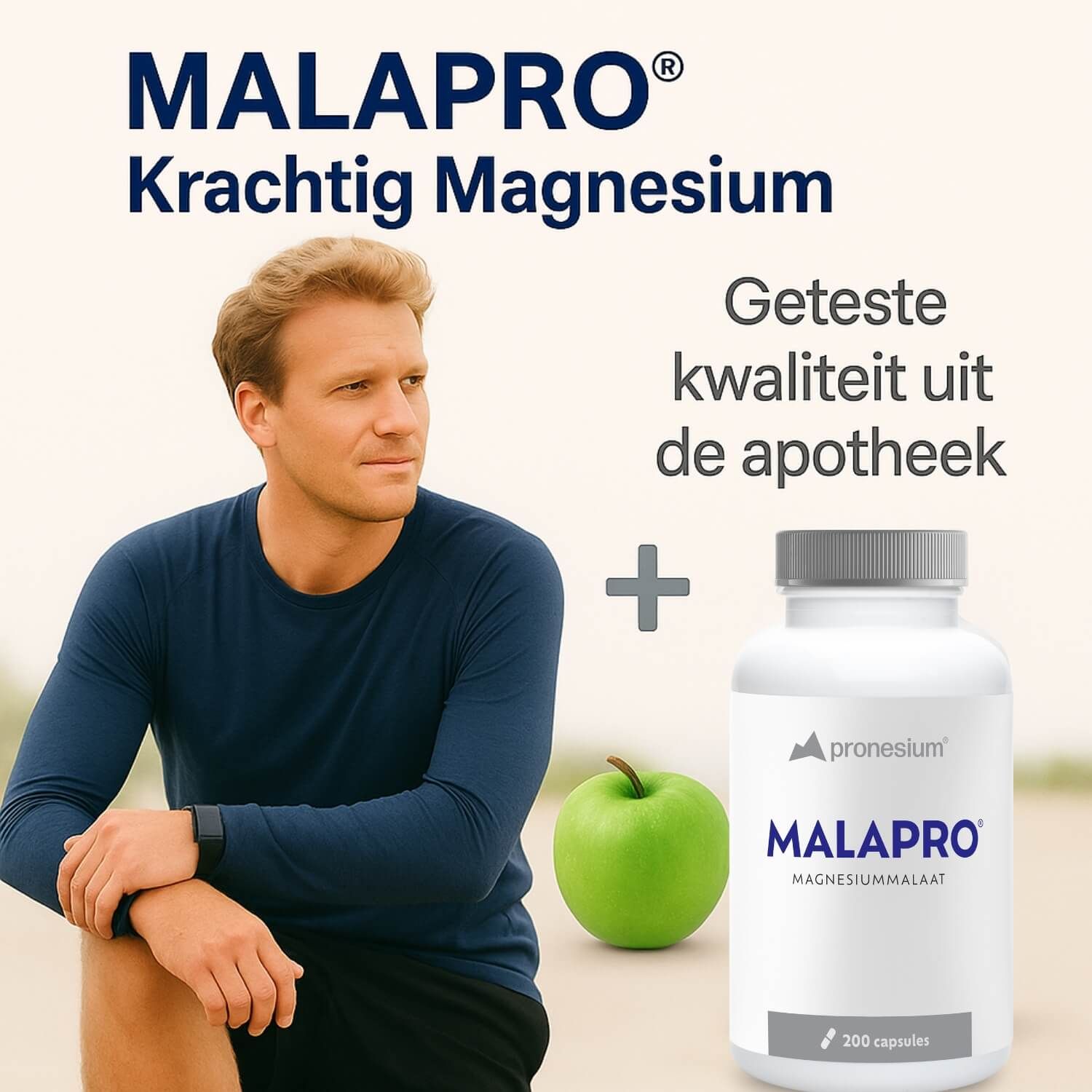 Man buigt. Tekst: MALAPRO Krachtig Magnesium. Fles: MALAPRO, 200 capsules. Appel.