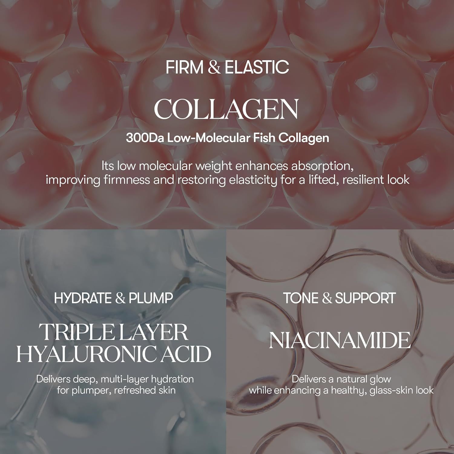 Close-up van roze bollen en tekst. Tekst: Collagen, Triple Layer Hyaluronic Acid, Niacinamide.