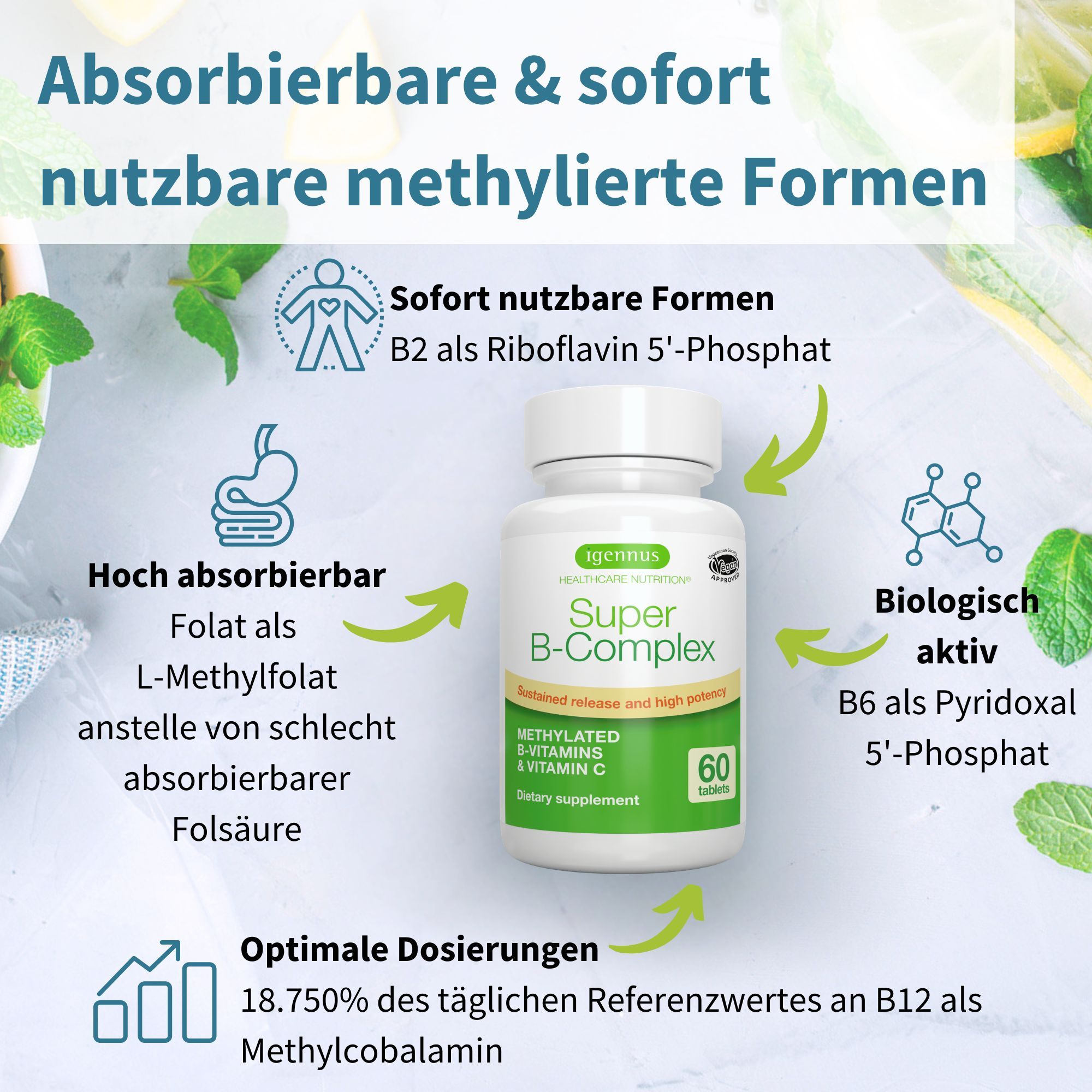 Bouteille Igennus Super B-Komplex de 60 comprimés, avec des graphiques soulignant l'absorption et l'activité biologique.