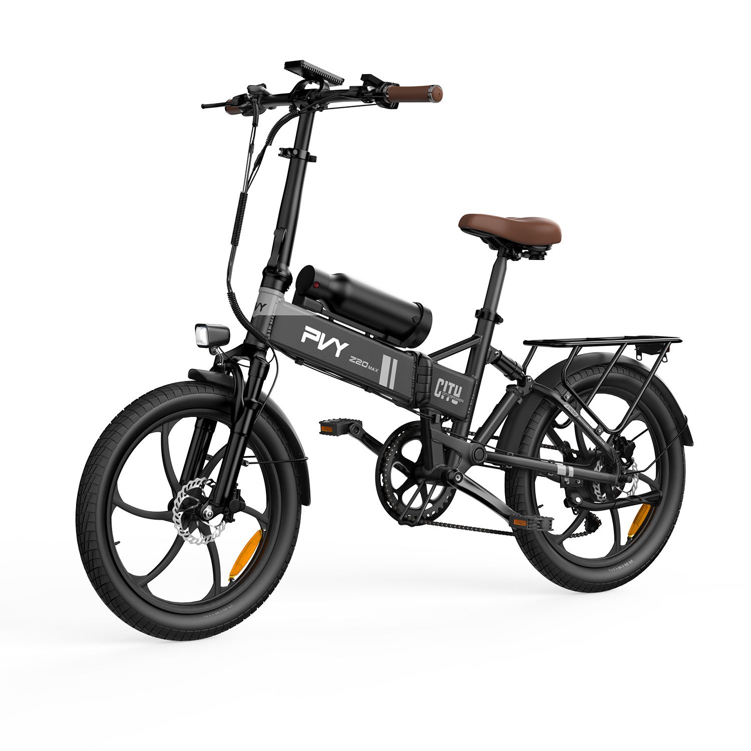 Vélo électrique noir avec selle marron, porte-bagages et batterie. Inscription PVY Z20 MAX.