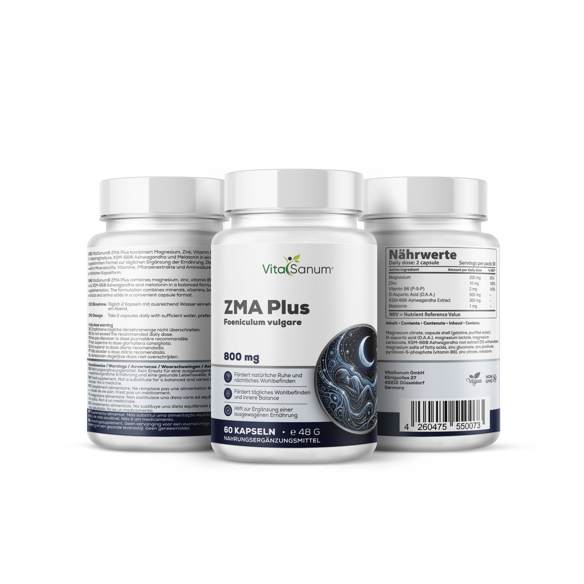 Trois pots de gélules VitaSanum ZMA Plus, 800 mg. Façade avec symbole de lune, dos avec informations nutritionnelles.