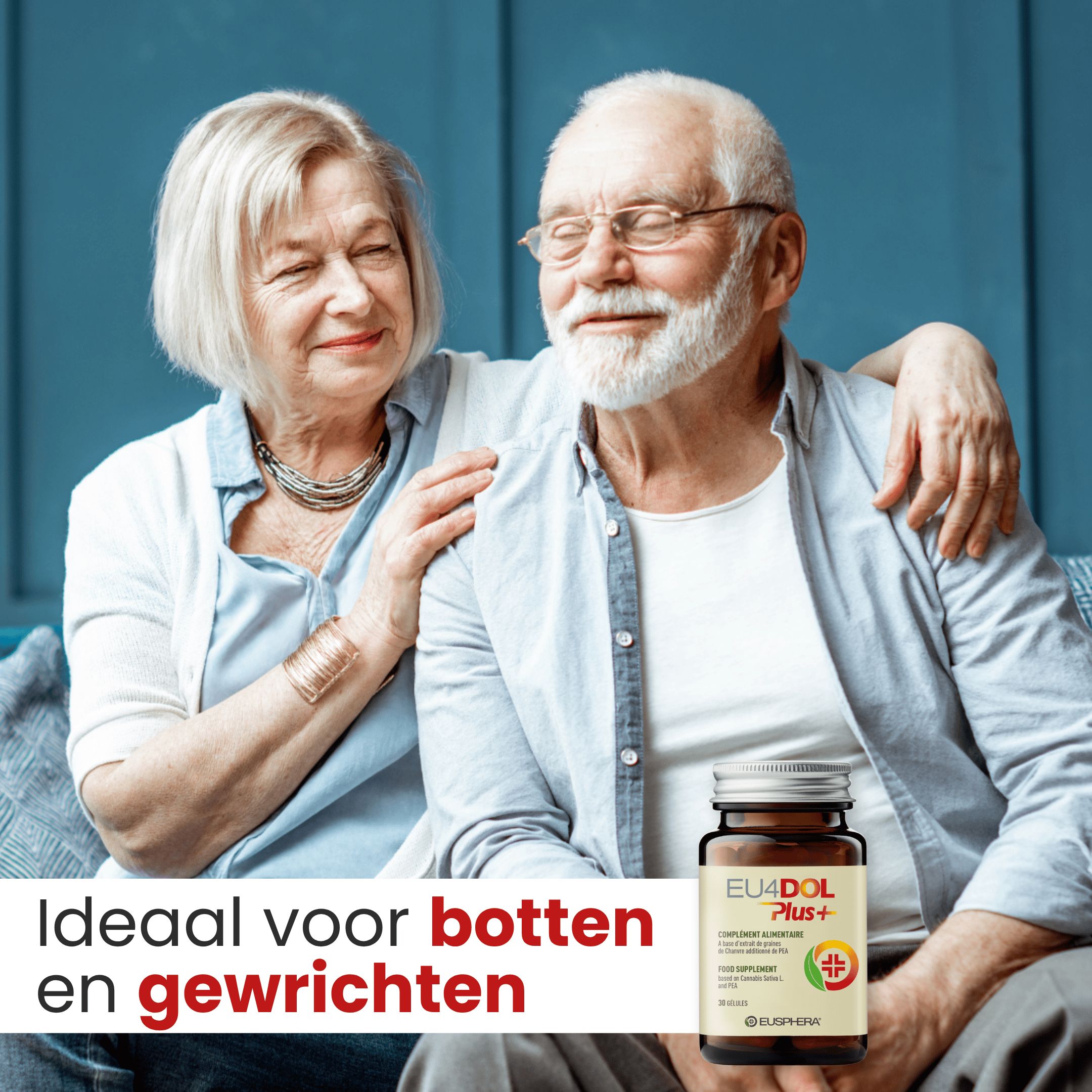 Ouder echtpaar. Fles EU4DOL Plus+ op tafel. Tekst: Ideaal voor botten en gewrichten.