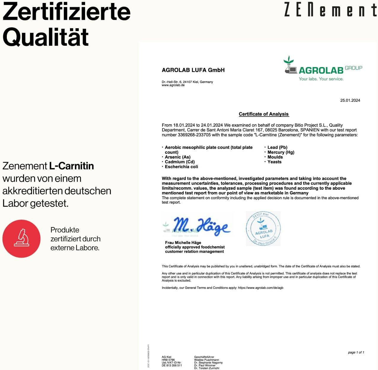 Certificaat van een laboratoriumtest voor Zenement L-Carnitine, bevestigd door externe laboratoria.