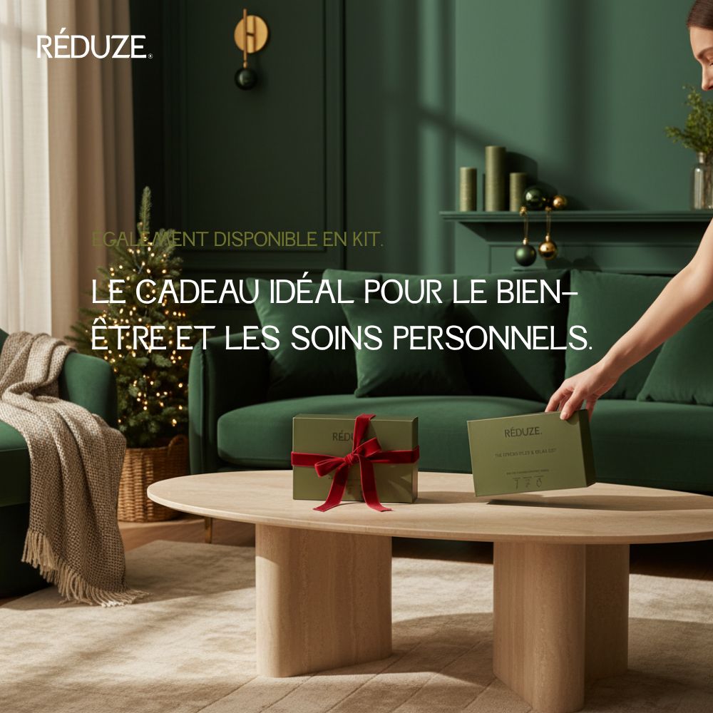 Salon avec canapé, table et coffret cadeau. Texte : RÉDUZE, cadeau pour bien-être et soins personnels.