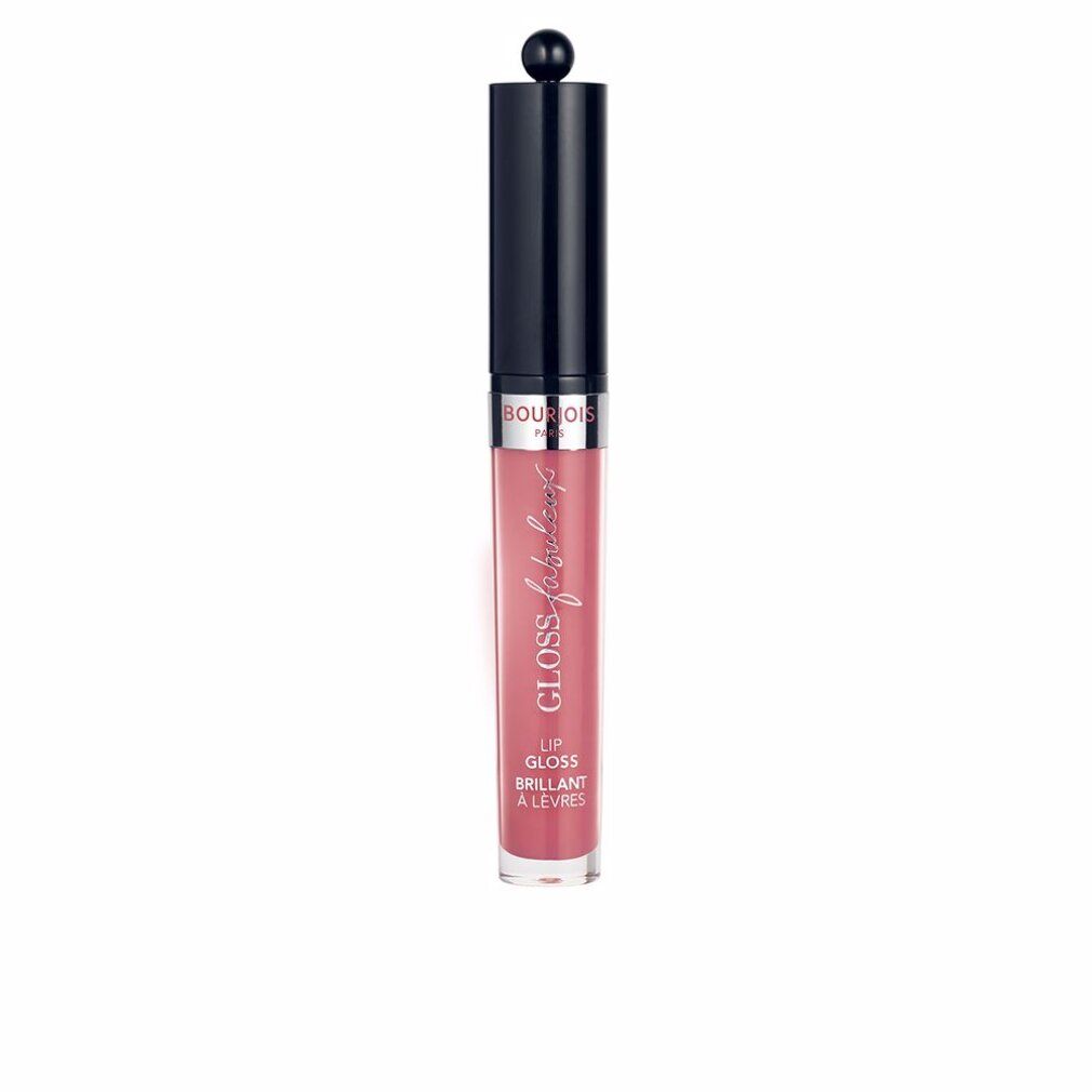 Bourjois lipgloss. Roze tint. Zwarte dop met bol. Opschrift 'Gloss Fabuleux'.