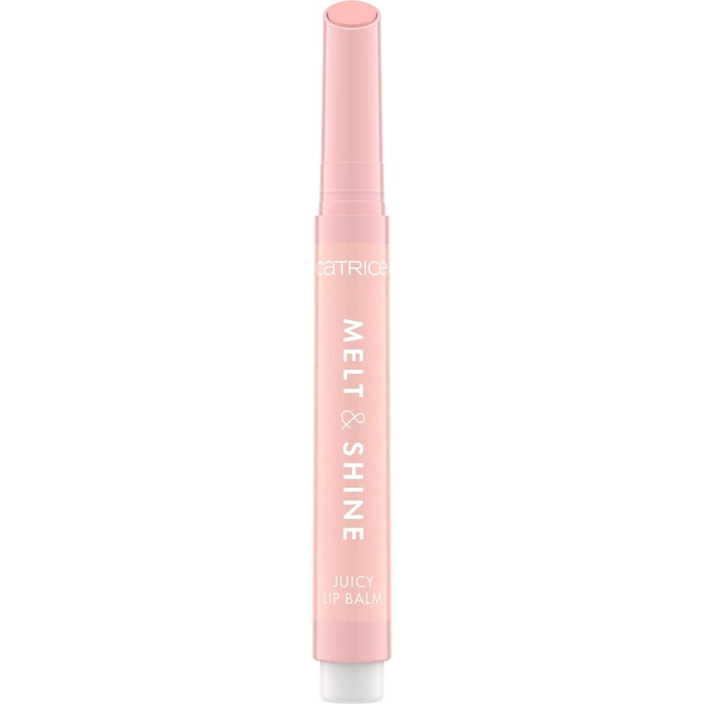 Bâton de baume à lèvres rose. Inscription : MELT & SHINE, JUICY LIP BALM. Marque : Catrice.