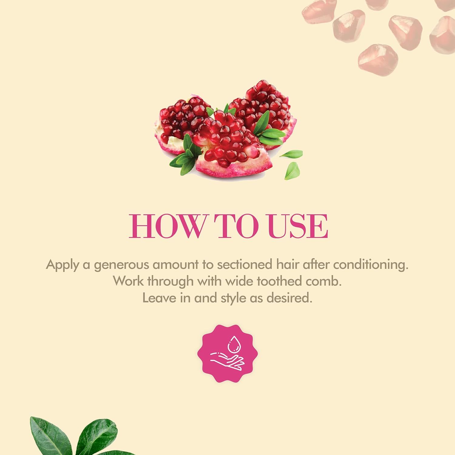Gebruiksaanwijzing voor Mielle Leave-In Conditioner met granaatappelillustratie.