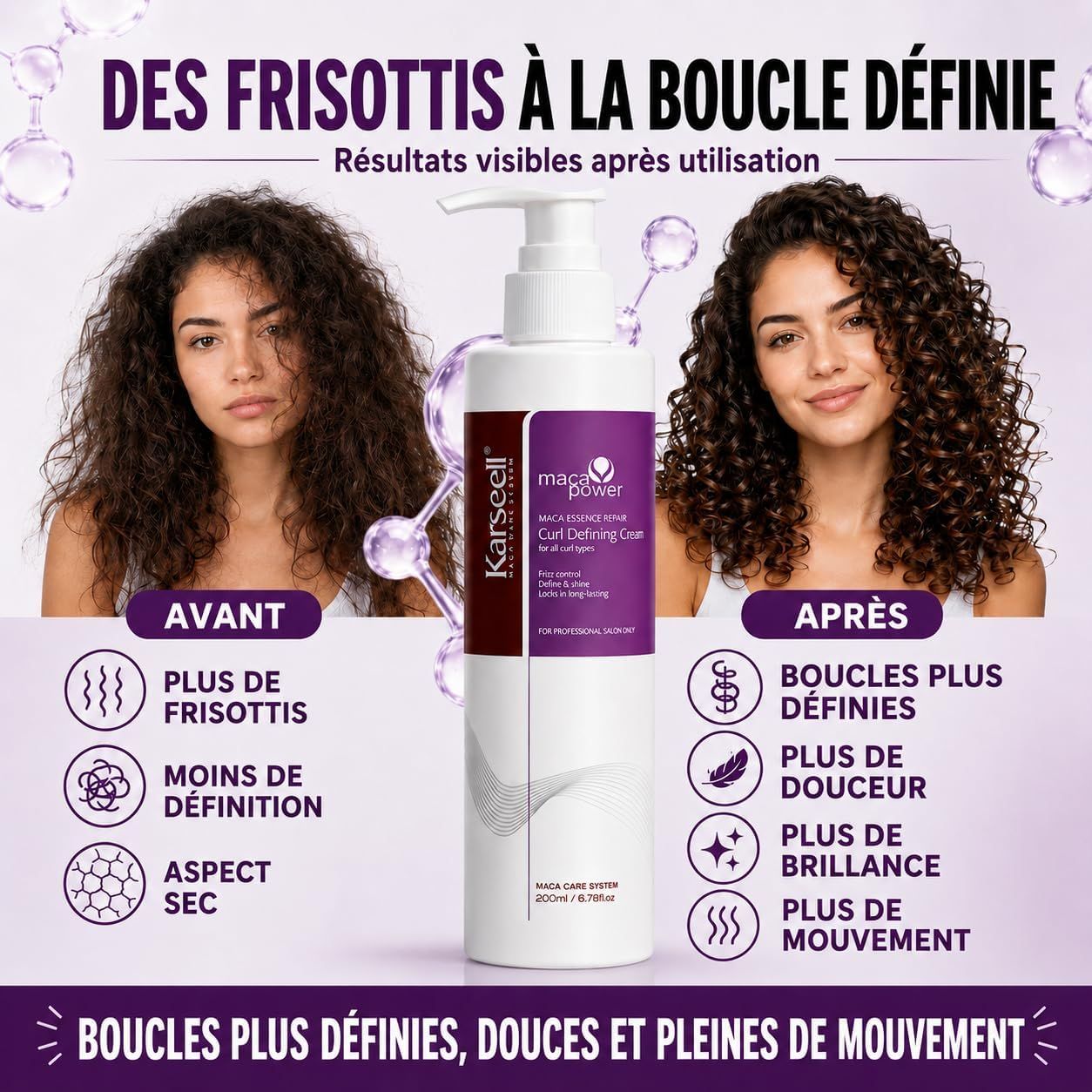 Flacon pompe pour soin des boucles, 200ml. Montre des résultats avant/après.