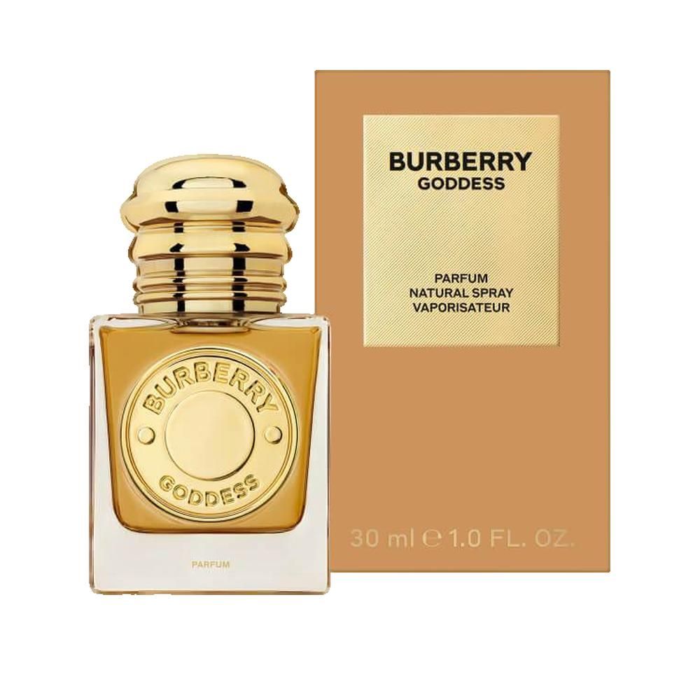 Parfumfles en verpakking. Fles met gouden dop en logo. Rechthoekige verpakking met tekst. 30 ml.