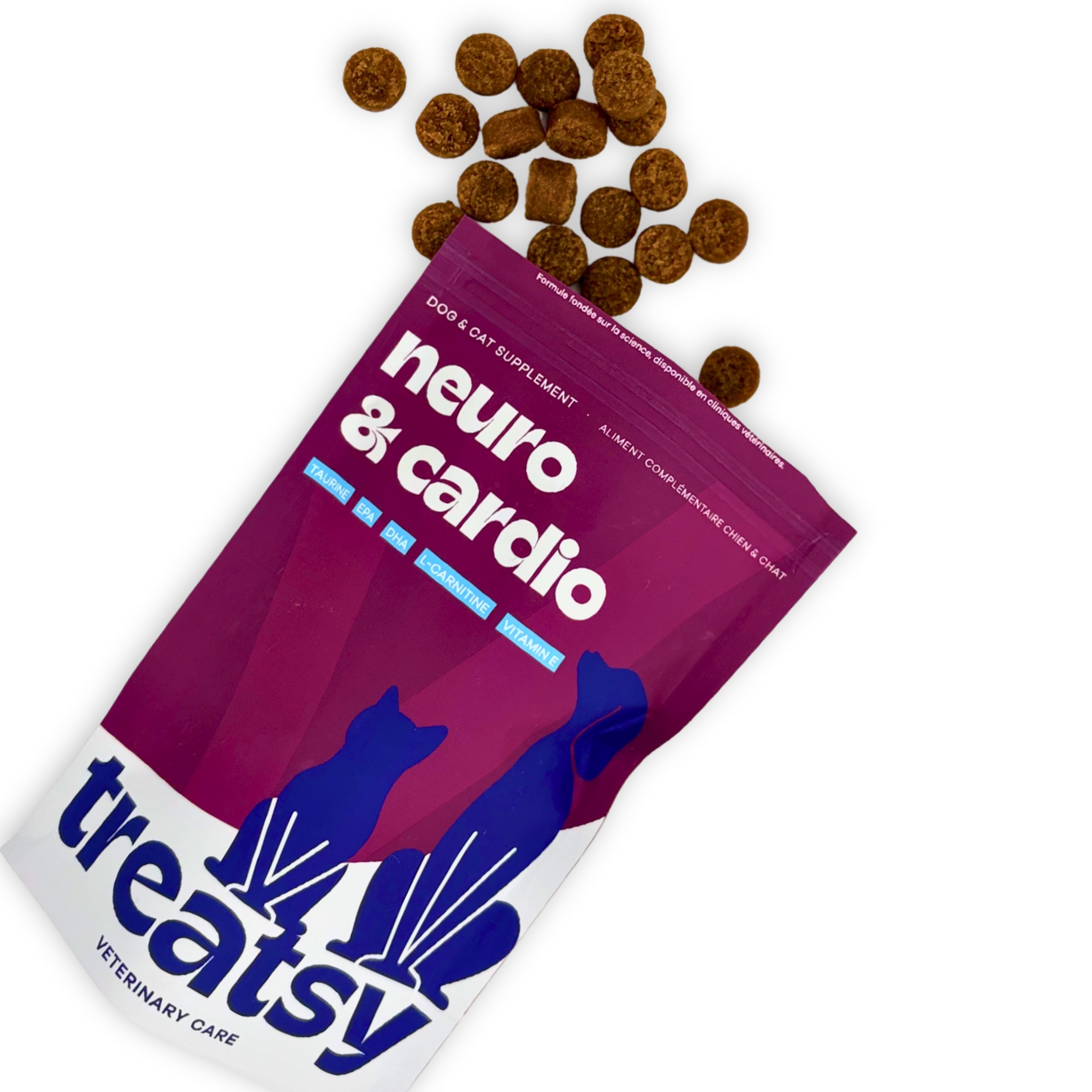 Sachet de snacks. Inscription : Neuro & Cardio. Marque : Treatsy. Pour chiens et chats. Snacks bruns tombant du sachet.