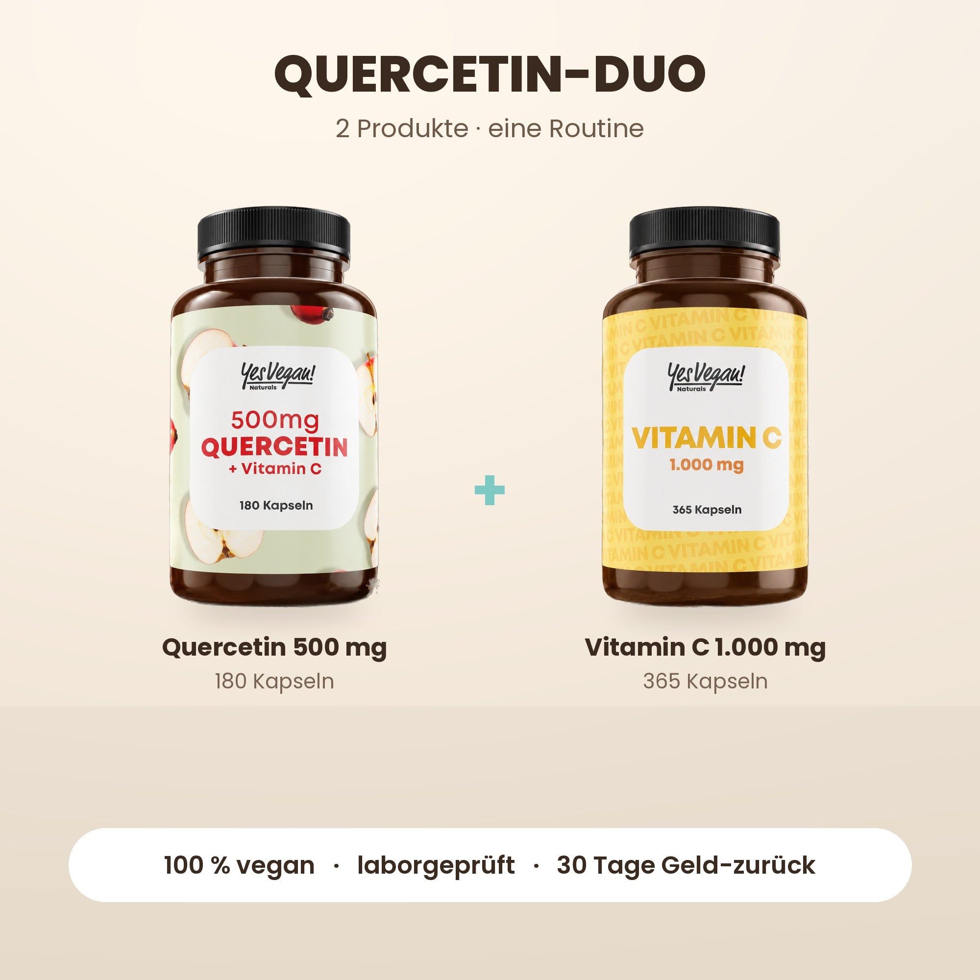 Twee flessen Yes Vegan! Quercetine 500 mg (180 capsules) en Vitamine C 1.000 mg (365 capsules).
