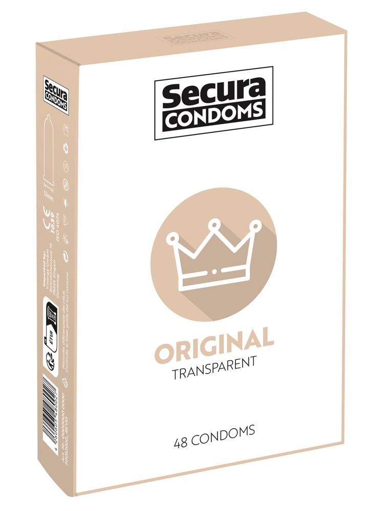 Boîte de préservatifs Secura Original. 48 unités. Logo couronne.