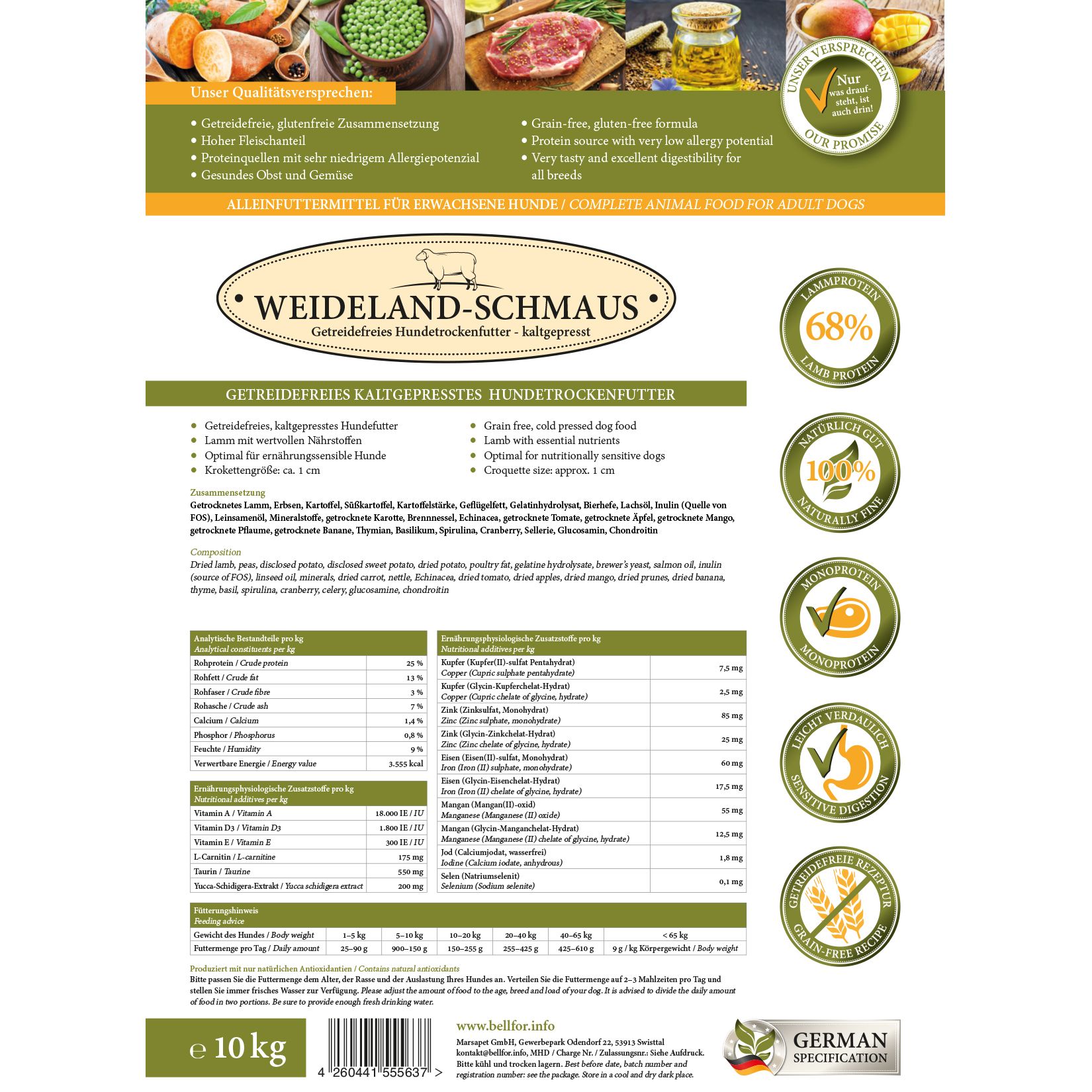 Gros plan des informations produit. Nourriture sèche pour chiens Weideland-Schmaus. Liste des ingrédients, valeurs nutritionnelles et caractéristiques.