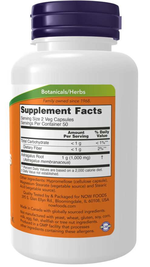 Dos du flacon blanc. Inscription: Supplement Facts. Contient Astragalus Root. Informations sur les ingrédients.