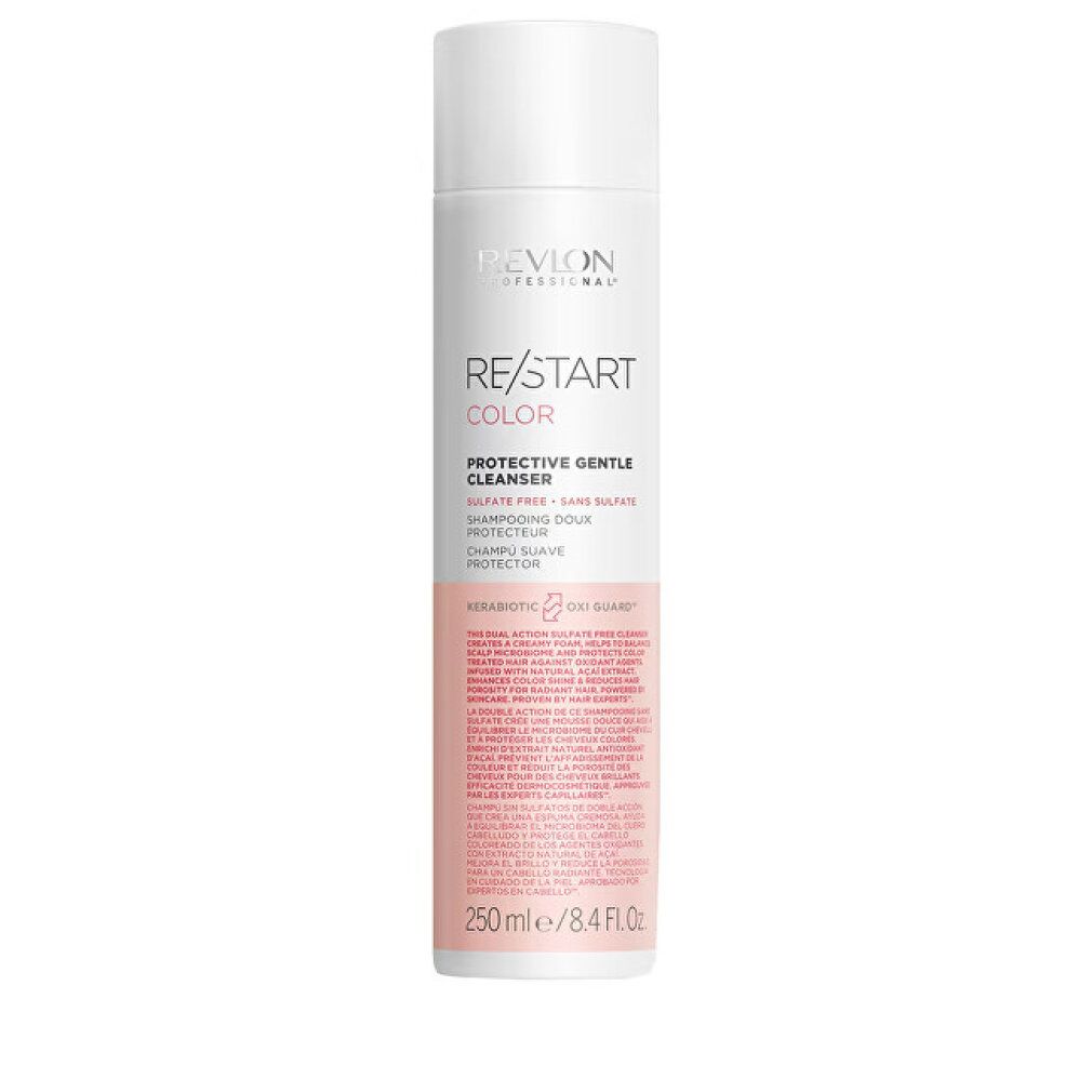 Flacon blanc avec étiquette rose. Inscription: Revlon, Re/Start Color, Protective Gentle Cleanser. 250 ml.