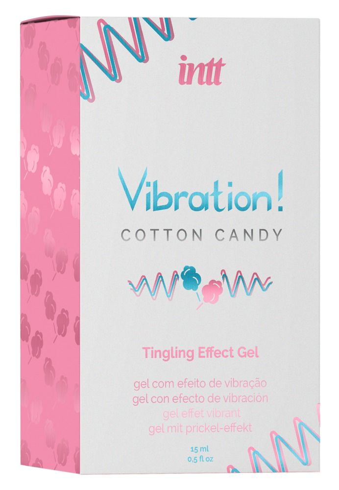 Boîte blanche et rose. Inscription: Vibration! Cotton Candy Tingling Effect Gel. Marque: INTT. 15 ml.