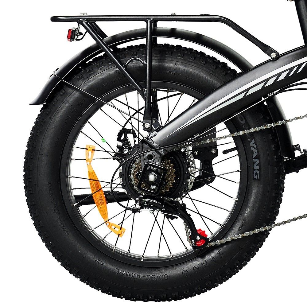 Roue arrière d'un vélo électrique noir. Porte-bagages, garde-boue, chaîne et dérailleur visibles. Pneus noirs.