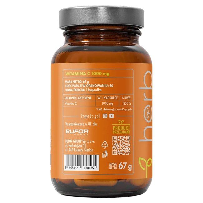 Arrière d'un flacon Herb Vita C 1000 mg. Affiche les informations nutritionnelles et du fabricant. 67g.
