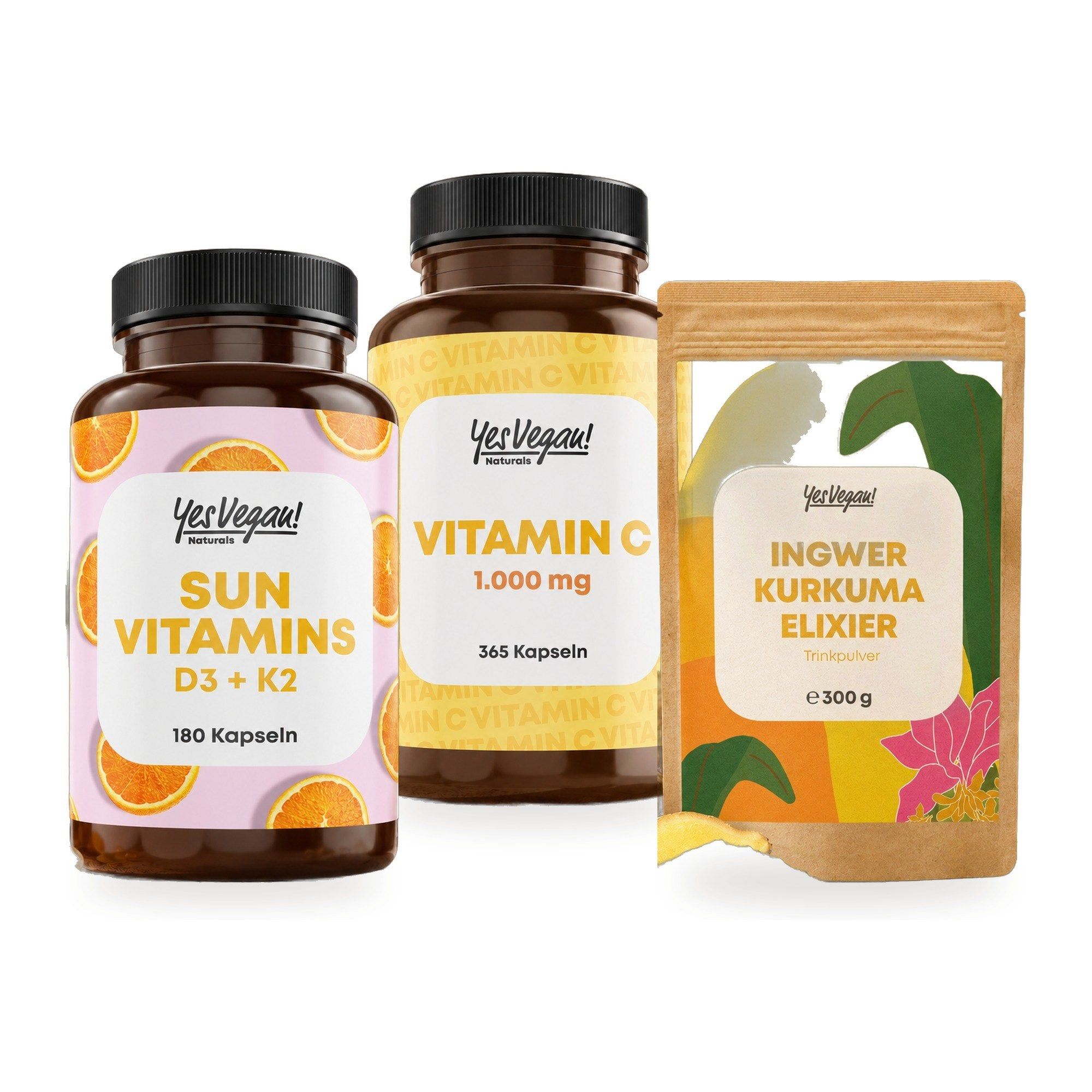 Deux flacons de compléments alimentaires : Vitamine C (1000 mg, 365 gélules) et Sun Vitamins D3+K2 (180 gélules).