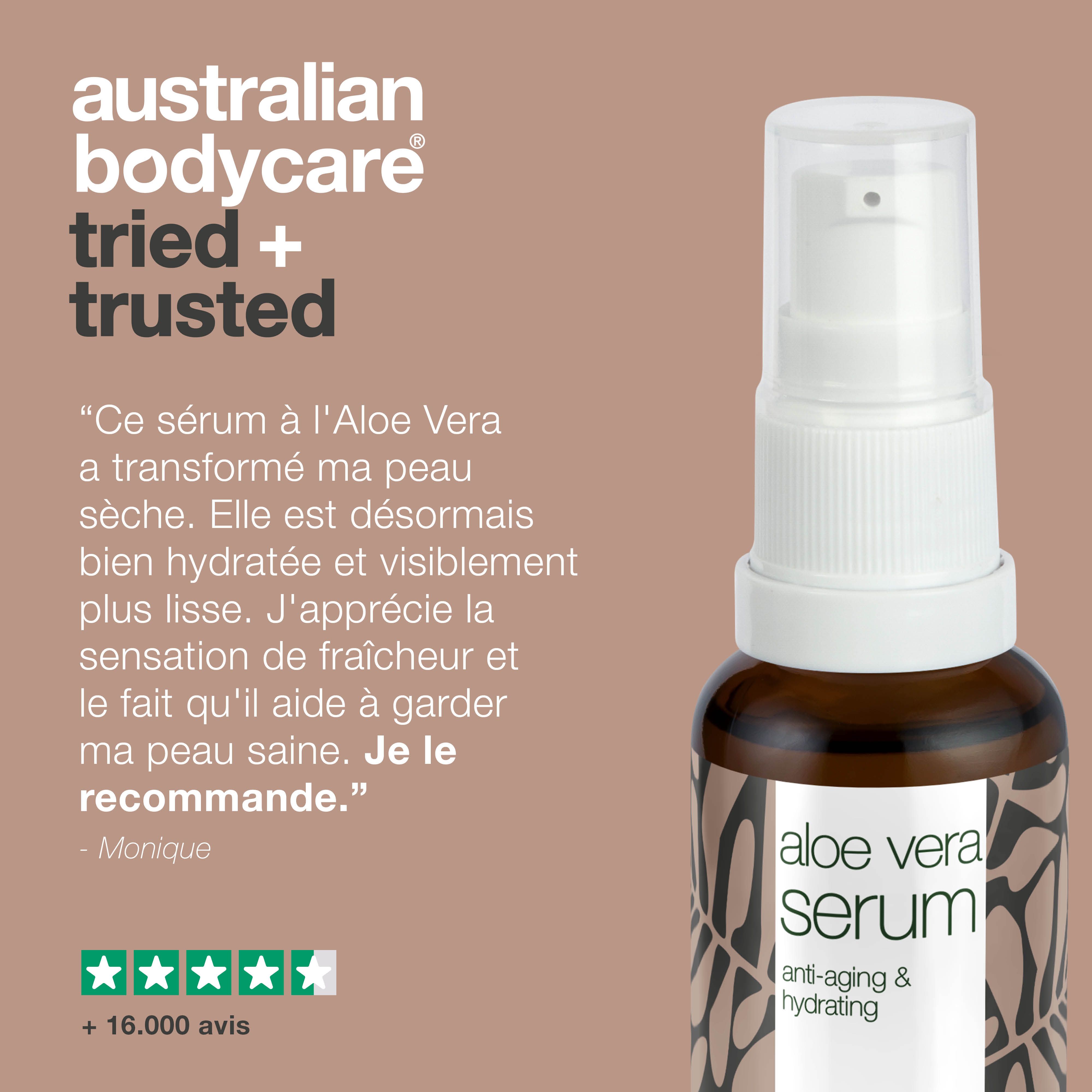 Flacon de sérum. Texte : Testé + Approuvé. Nom du produit : Aloe Vera Serum. Flacon marron avec pompe. Évaluation par étoiles.