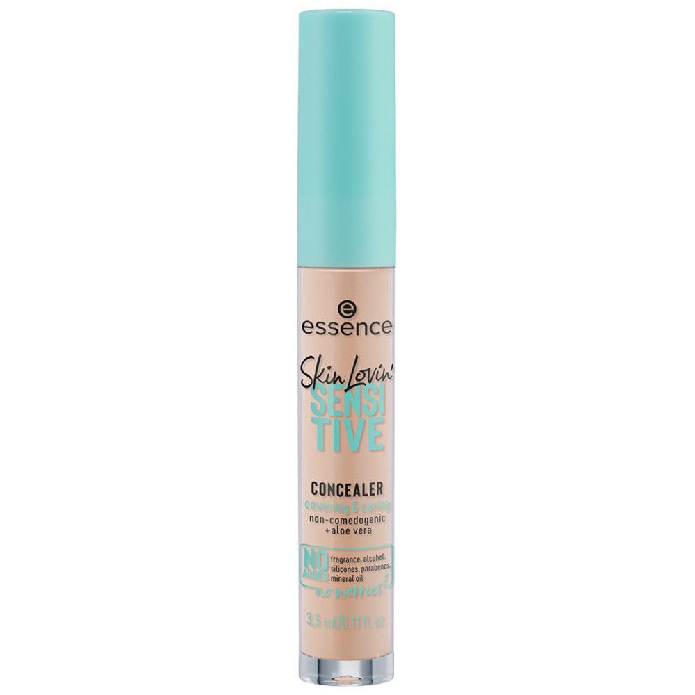 Correcteur avec bouchon bleu clair. Inscription: Essence, Skin loving Sensitive Concealer. Contient de l'aloe vera.