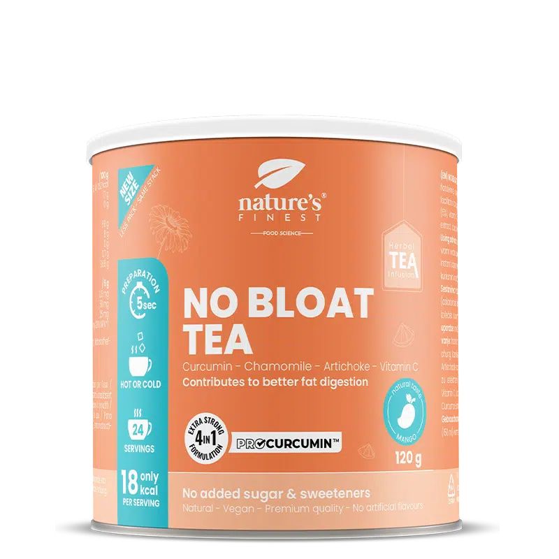 Nature's Finest No Bloat Tea blikje met informatie over bereiding en ingrediënten.