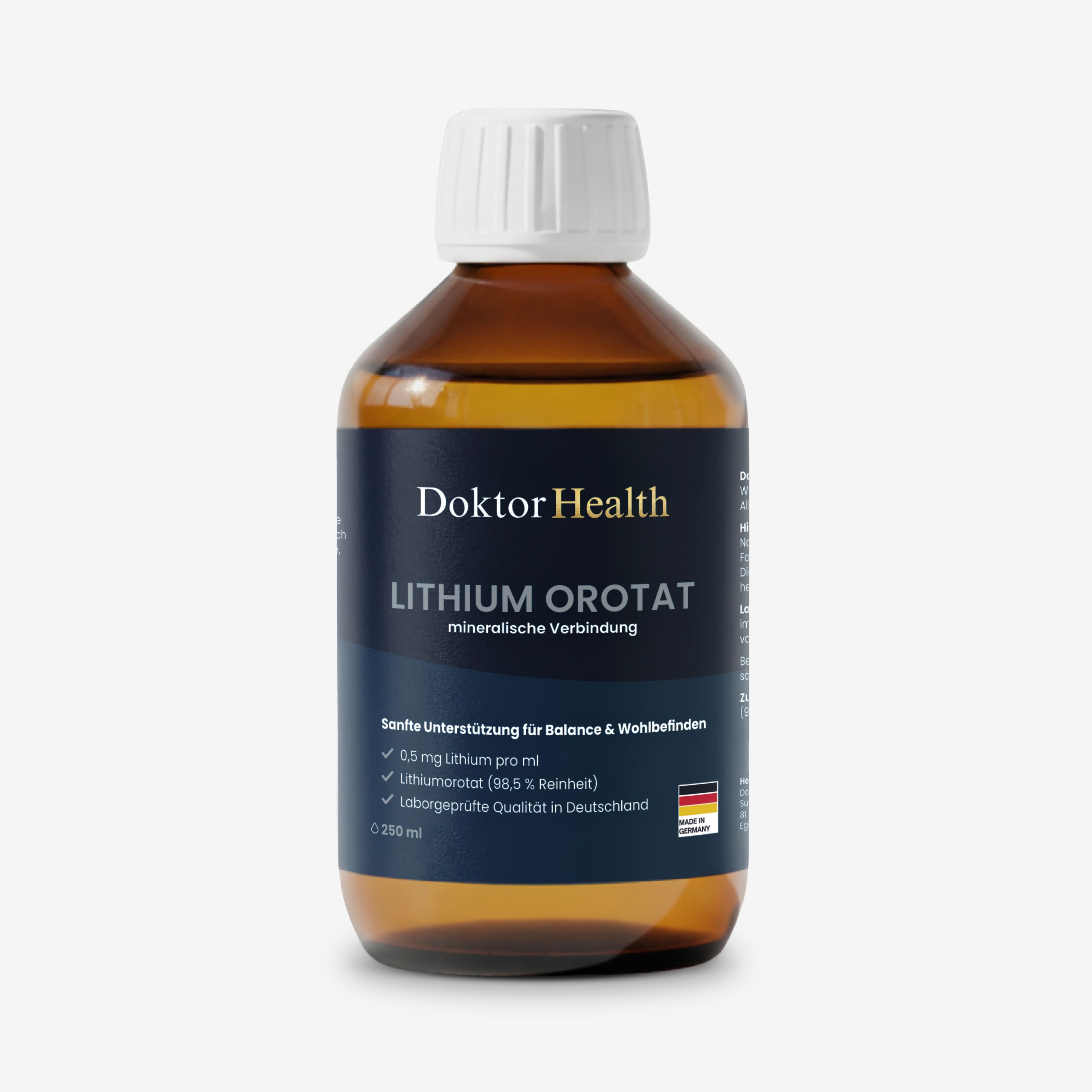 Flacon brun Doktor Health Lithium Orotat. Étiquette avec nom du produit, ingrédients et drapeau allemand. Fond blanc.