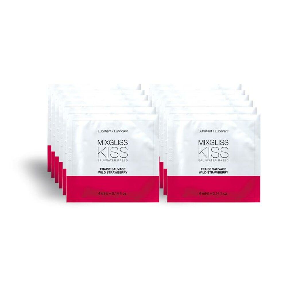 Deux rangées de six sachets individuels de lubrifiant, saveur fraise.