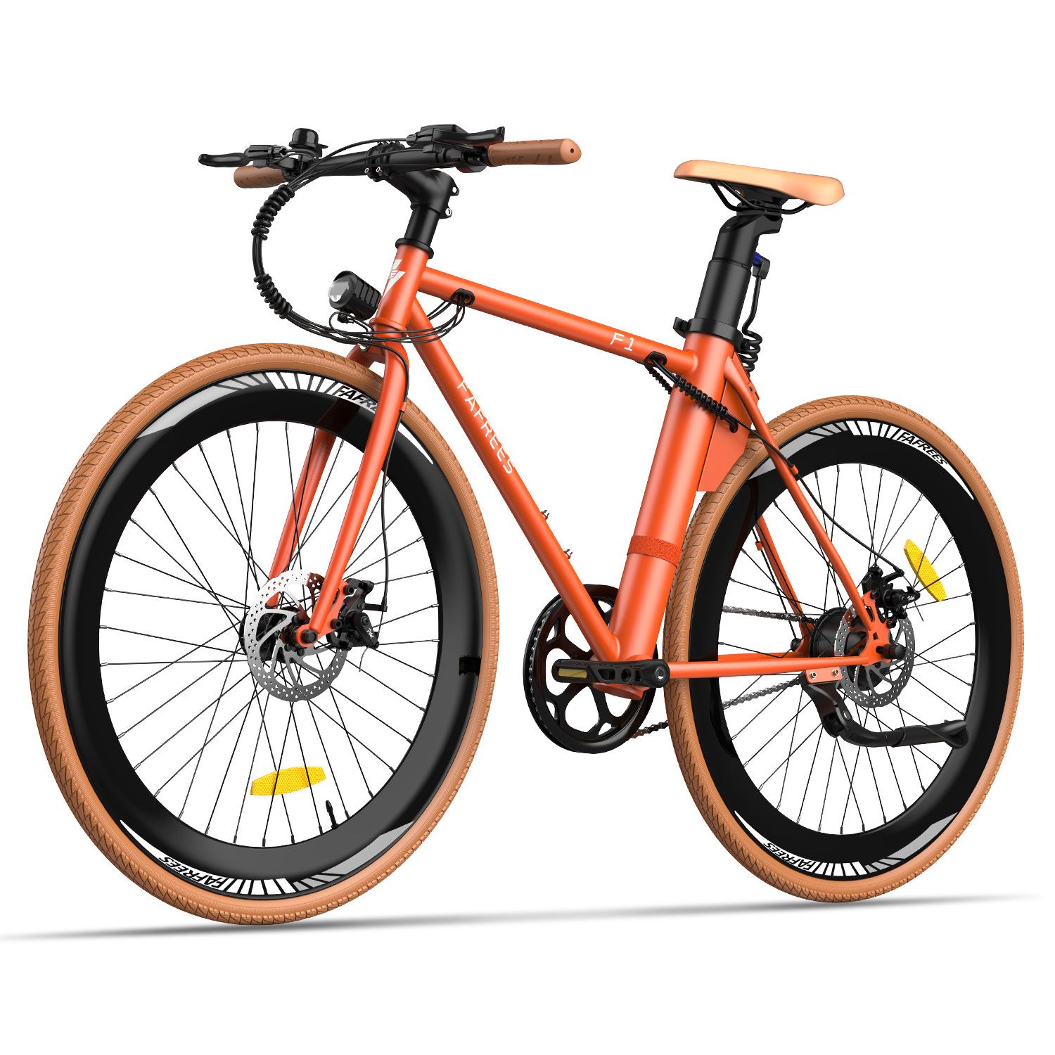 Oranje elektrische fiets met bruine banden en zadel. Fafrees-logo en F1-modelaanduiding zichtbaar.
