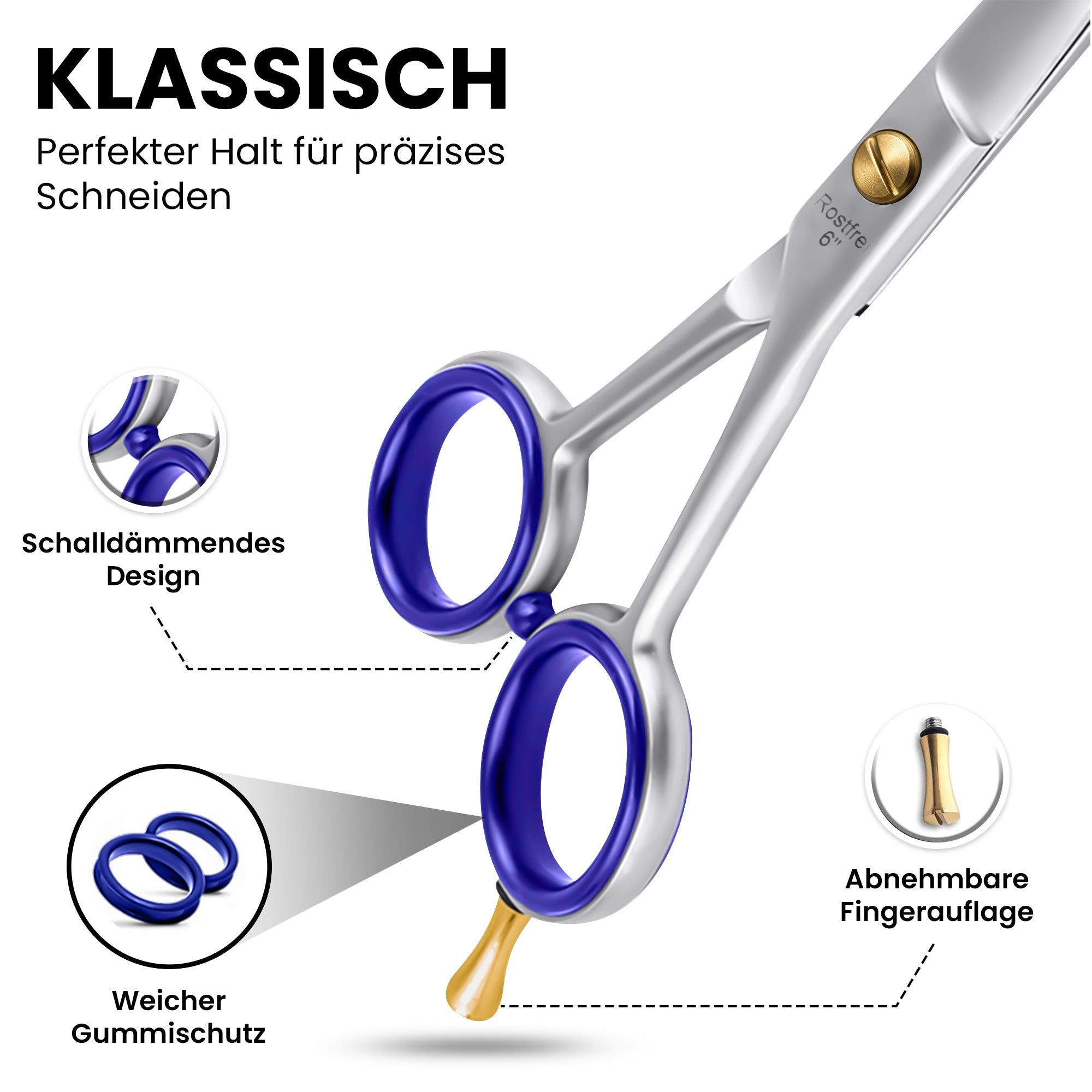 Excellent Solingen Ciseaux à cheveux - lame lisse - poignées en caoutchouc bleu - réglables