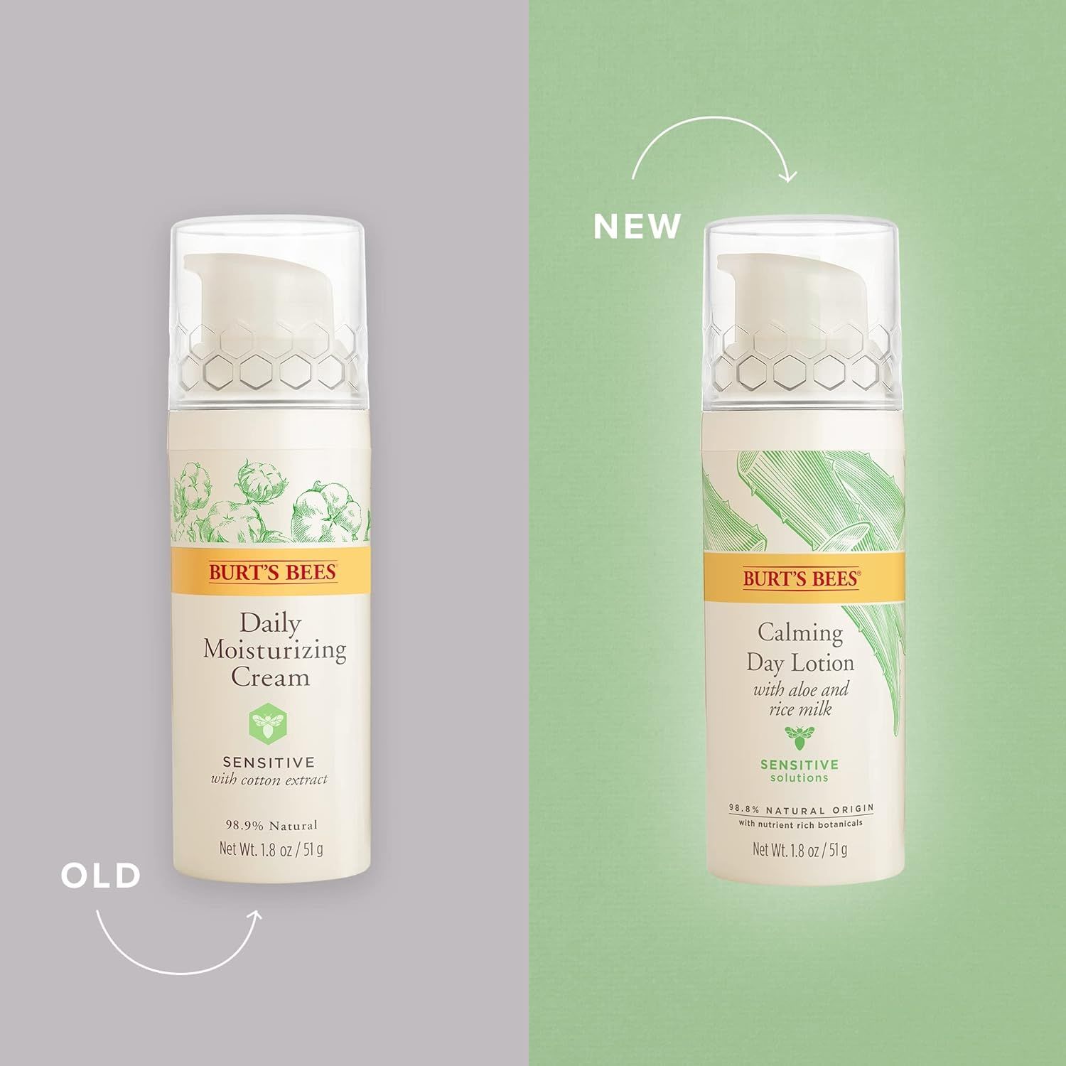Vergelijking van Burt's Bees dagcrèmes. Links: Daily Moisturizing Cream. Rechts: Calming Day Lotion. Beide met pompflessen.