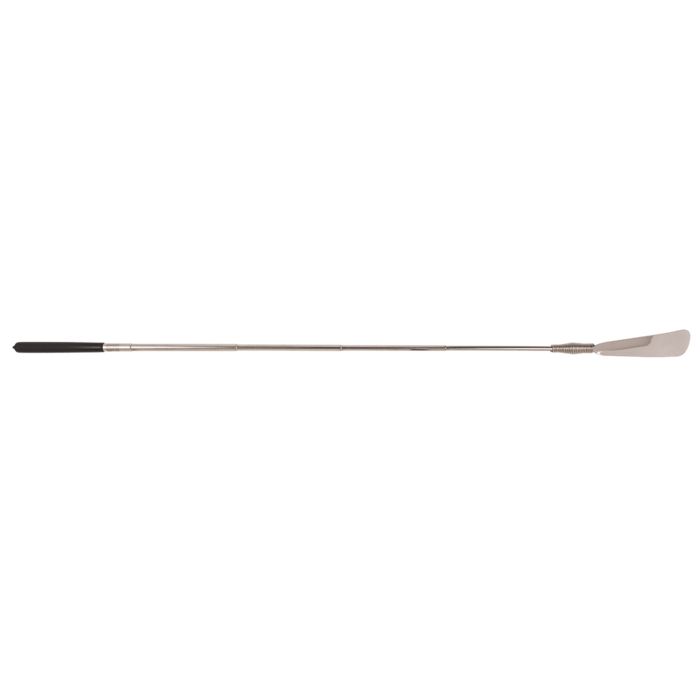 Chausse-pied extensible, entièrement déployé. Manche noir, tige et cuillère argentées. Métal.