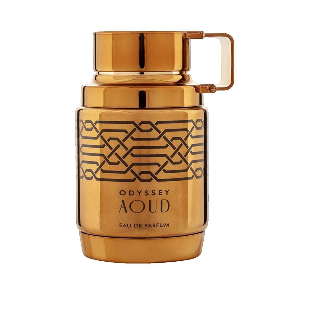 Gouden fles met zwart patroon en opschrift "ODYSSEY AOUD". Handvat op de dop. Eau de Parfum.