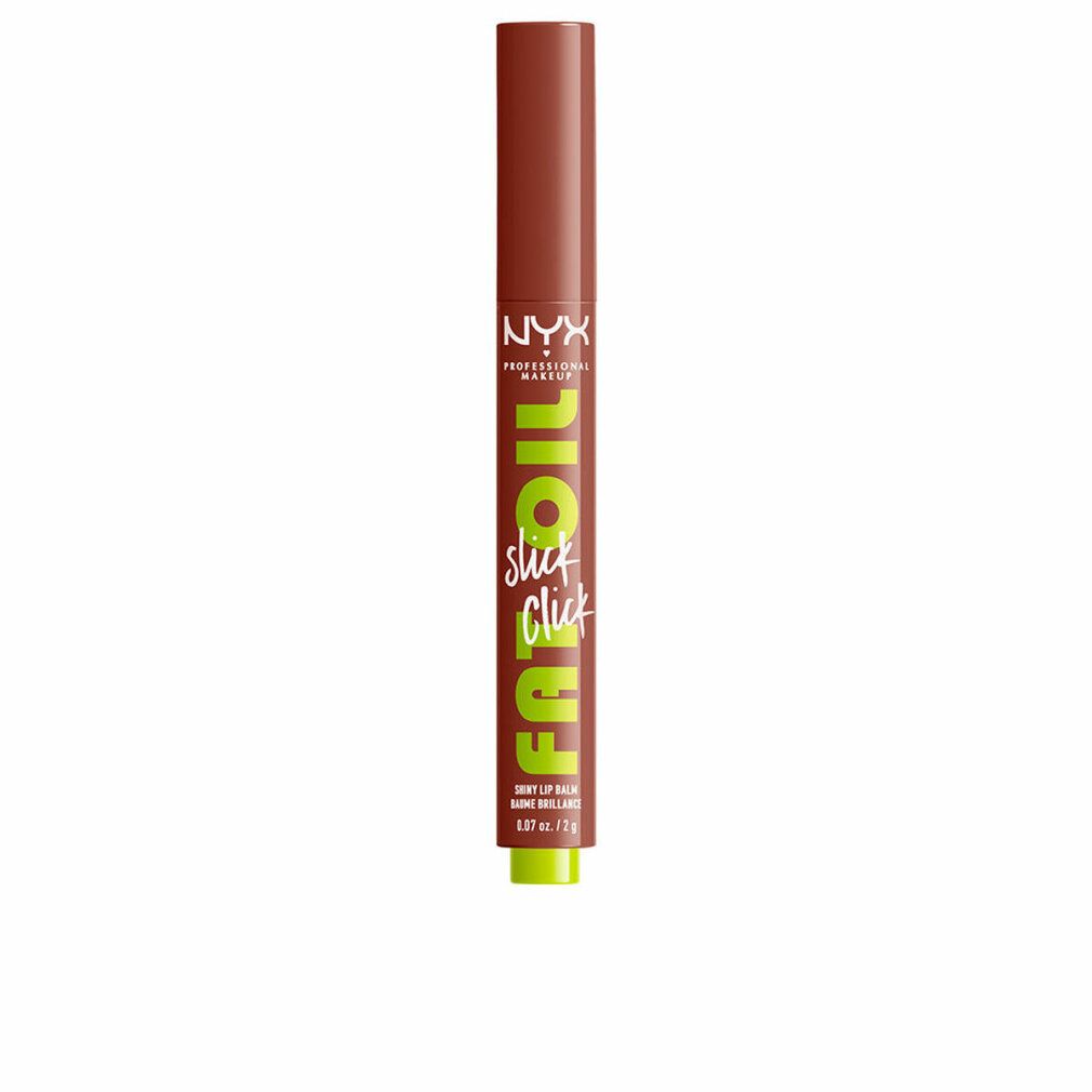 Cilindrische lippenbalsem, bruin en groen. Opschrift: FAT OIL slick click, NYX Professional Makeup. 0.07 oz / 2 g.