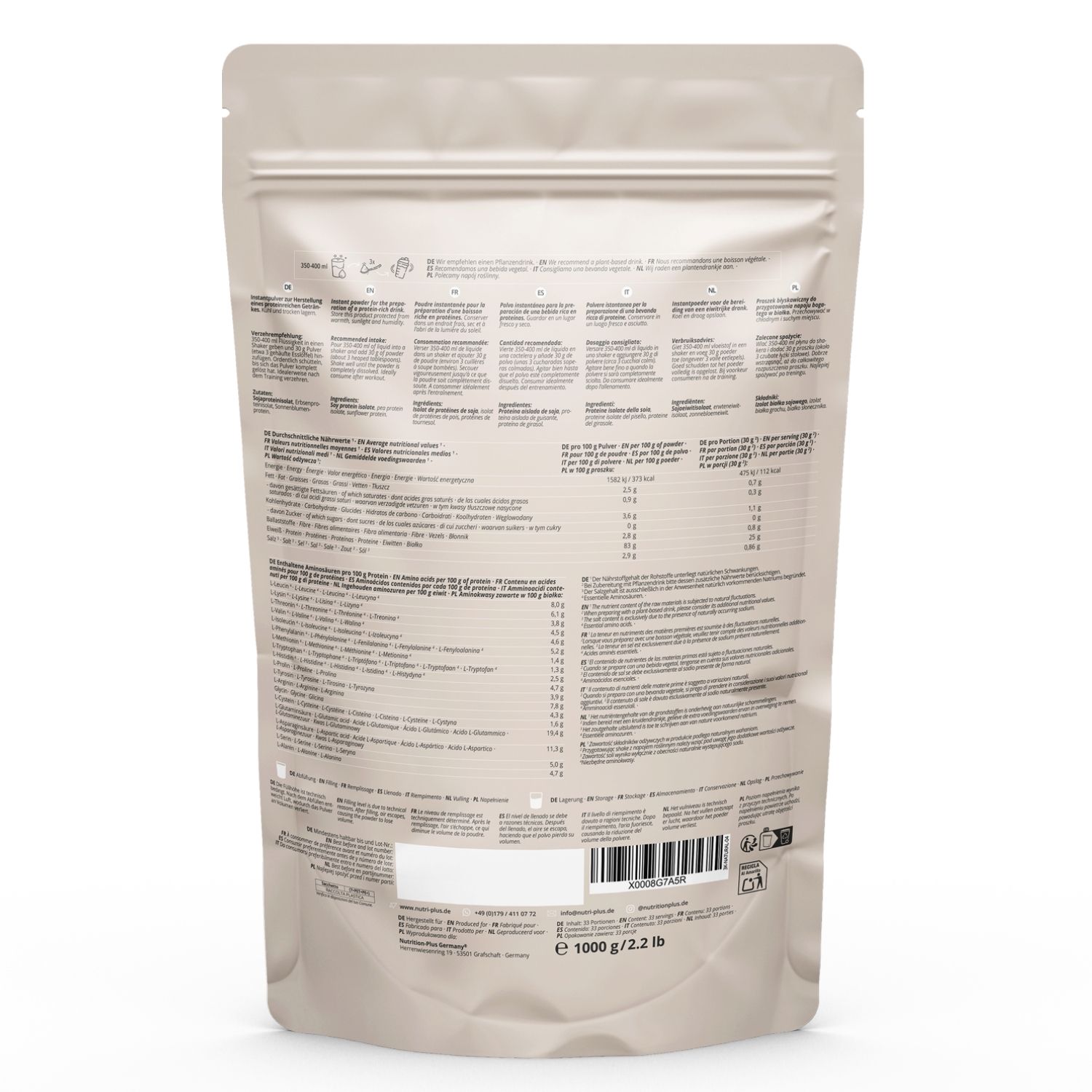 Graphique comparatif : nutri+ Poudre de protéine végétale 3k vs. produits comparables, avantages mis en avant.