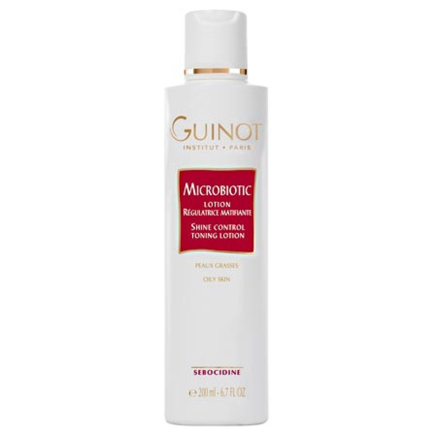 Witte fles Guinot Microbiotic. Rood etiket: Shine Control Toning Lotion, vette huid. 200ml. Witte dop.