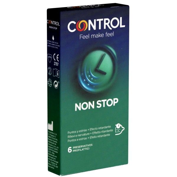 Verpakking van "CONTROL NON STOP" condooms. Bevat 6 condooms. Met CE-markering en andere productinformatie.