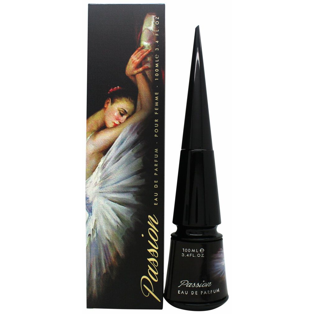 Zwarte fles met puntdeksel en zwarte verpakking. "Passion" en een vrouw staan op de verpakking.