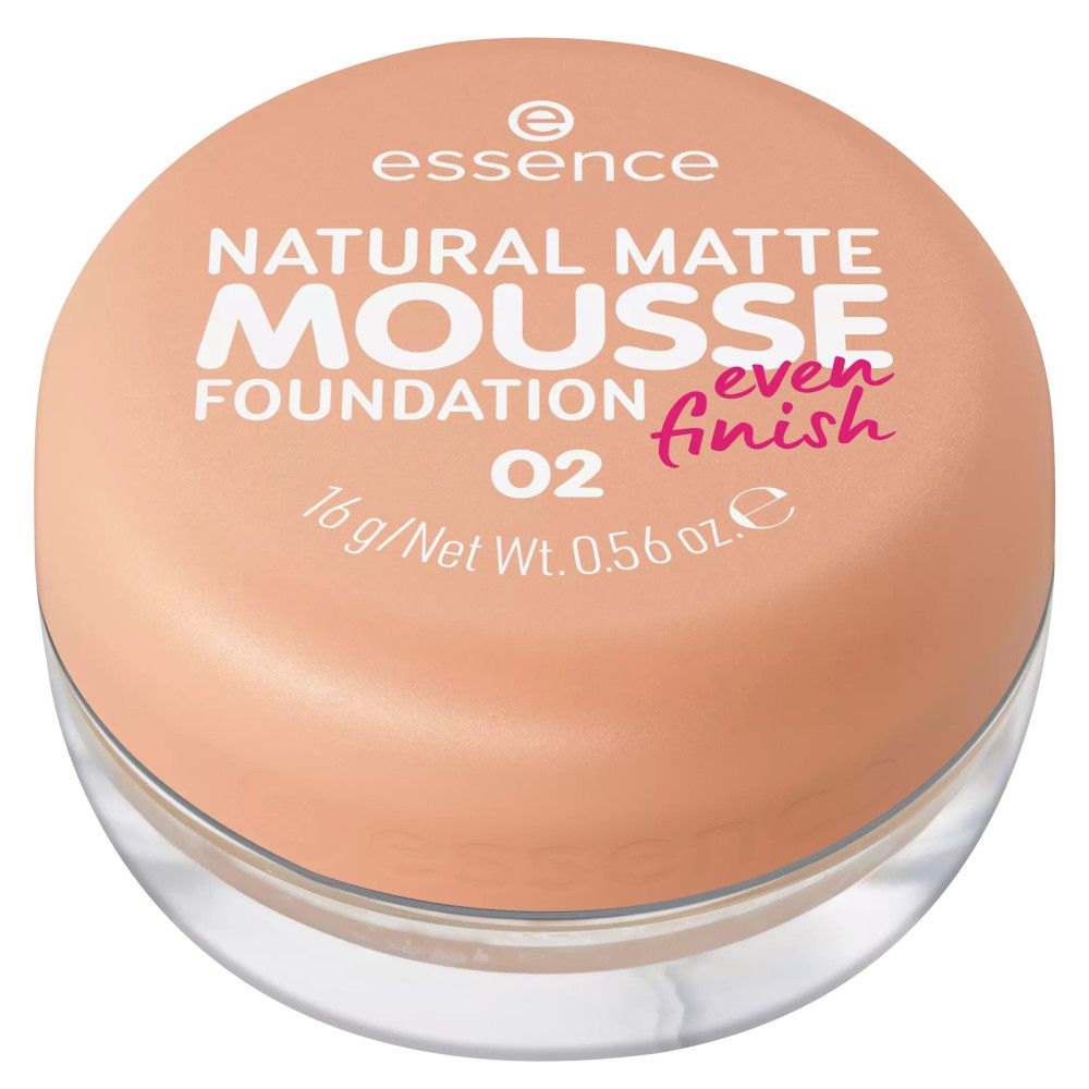 Gesloten, ronde pot met beige deksel. Op deksel staat "NATURAL MATTE MOUSSE FOUNDATION".