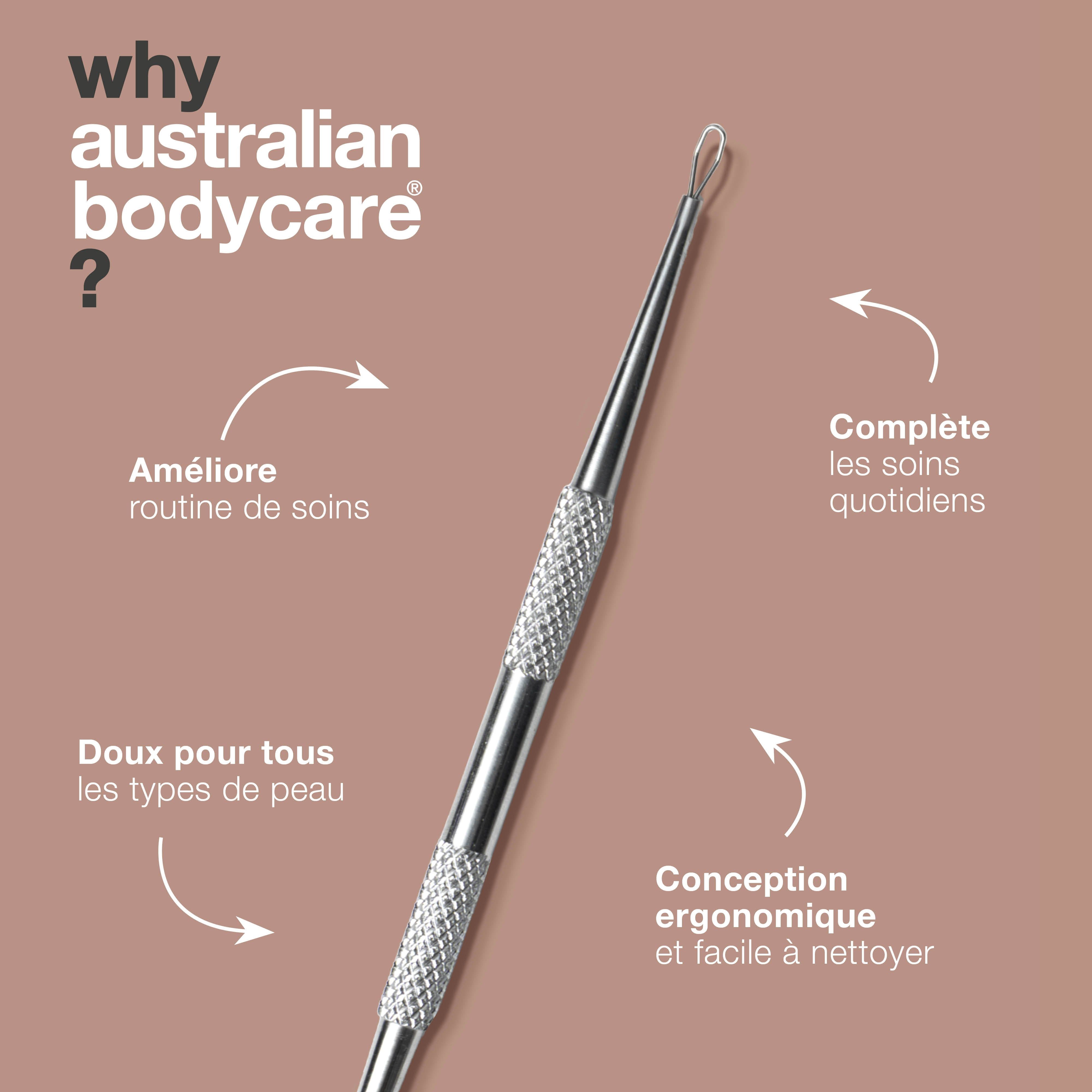 Extracteur de points noirs en acier inoxydable. Texte : design ergonomique, améliore la routine de soins.