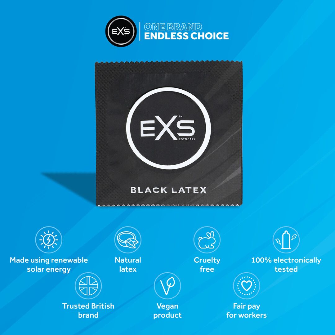 Emballage individuel d'un préservatif noir EXS Black Latex avec logo et sceaux.